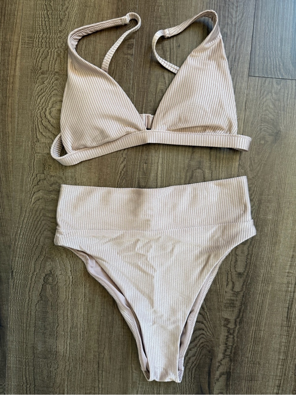 aerie Ribbed Bikini Set in Shiny Light Taupe